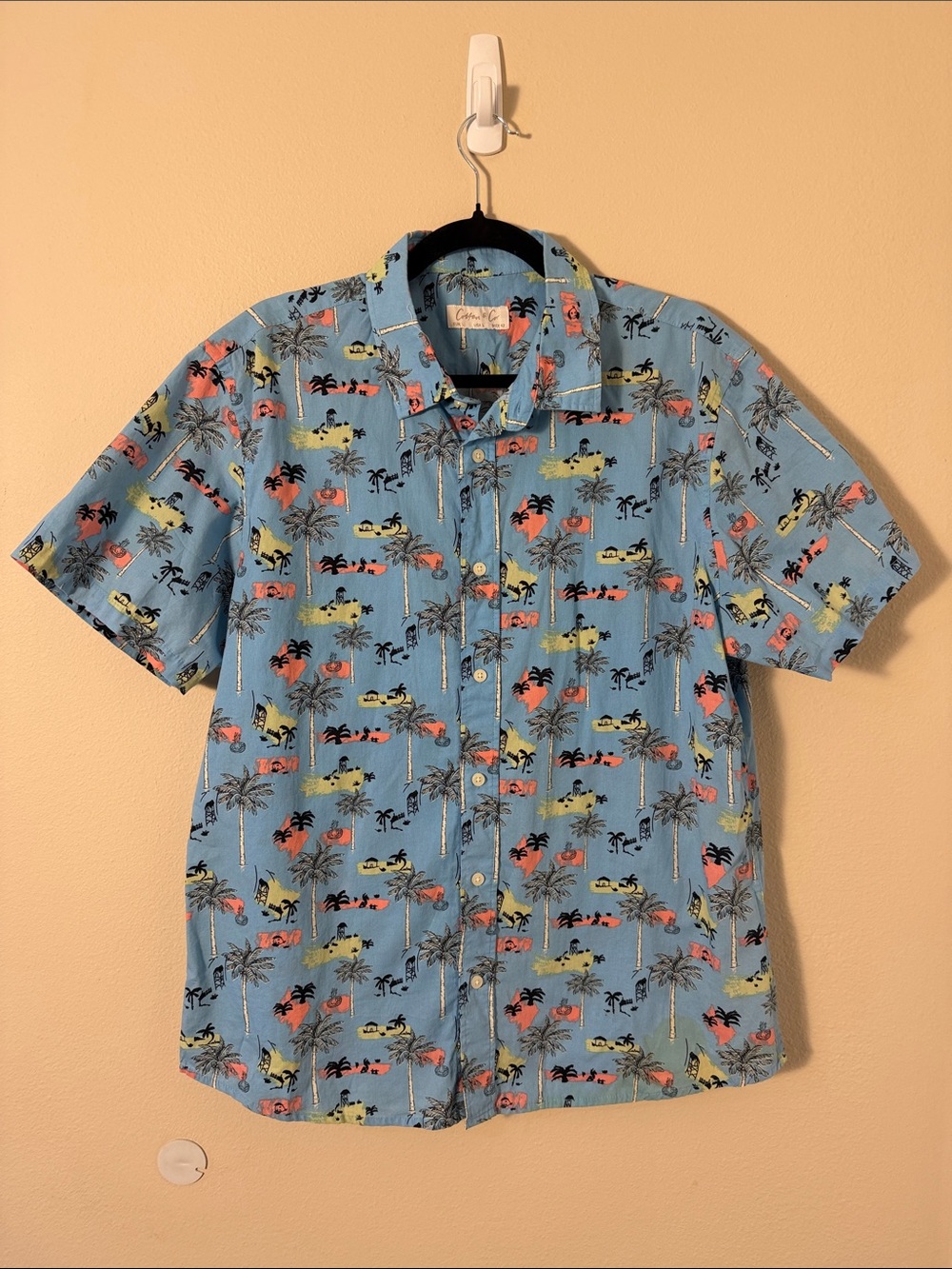 Cotton & Co. Mens Hawaiian Shirt Cotton Blue Pink Green Palm Trees Houses Size L